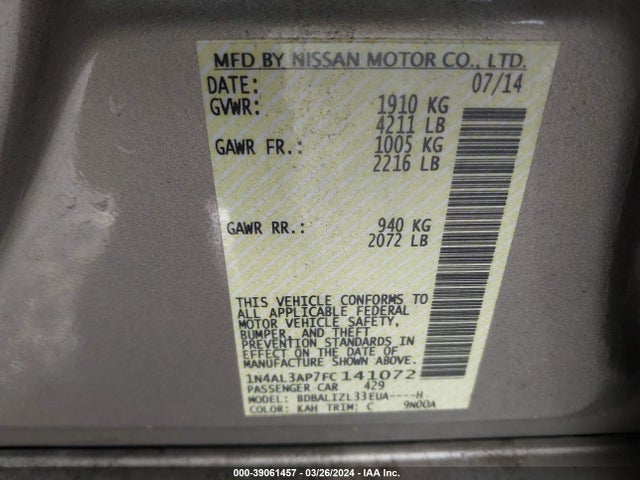 Nissan Altima 2.5 Sv 2015 1N4AL3AP7FC141072 Image 9