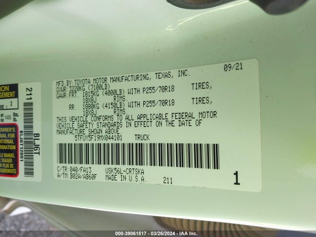 Toyota Tundra Sr 2021 5TFUY5F19MX044101 Image 9