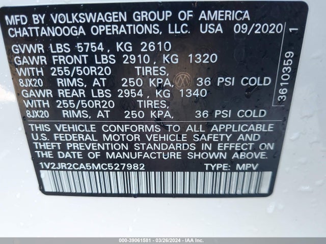 1V2JR2CA5MC527982 Volkswagen Atlas 3.6l V6 Se W/technology