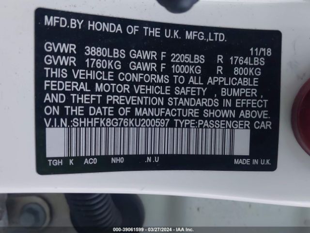 SHHFK8G76KU200597 Honda Civic Type R Touring