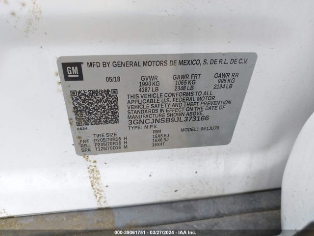 Chevrolet TRAX LS 2018 3GNCJNSB9JL373166 Image 9