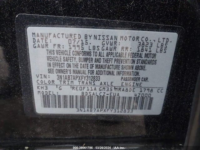 Nissan SENTRA S 2015 3N1AB7APXFY312833 Image 9