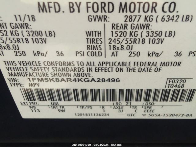 1FM5K8AR4KGA28496 Ford Police Interceptor Utility