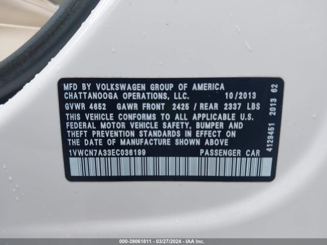 1VWCN7A33EC036199 Volkswagen Passat 2.0l Tdi Sel Premium