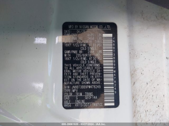 JN8BT3BB9PW478249 Nissan Rogue Sv Intelligent Awd