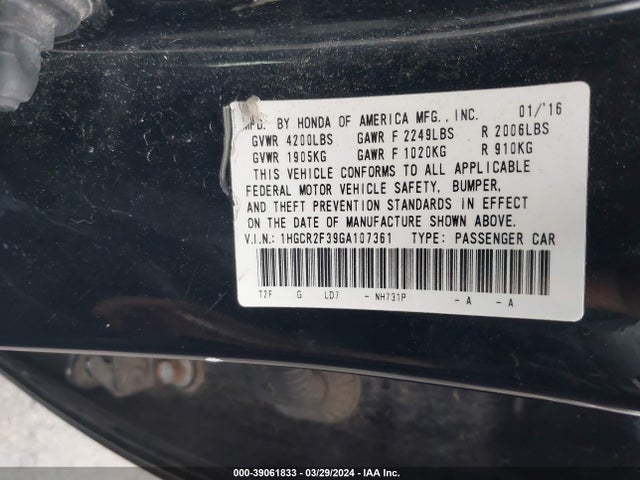 Honda ACCORD LX 2016 1HGCR2F39GA107361 Image 9