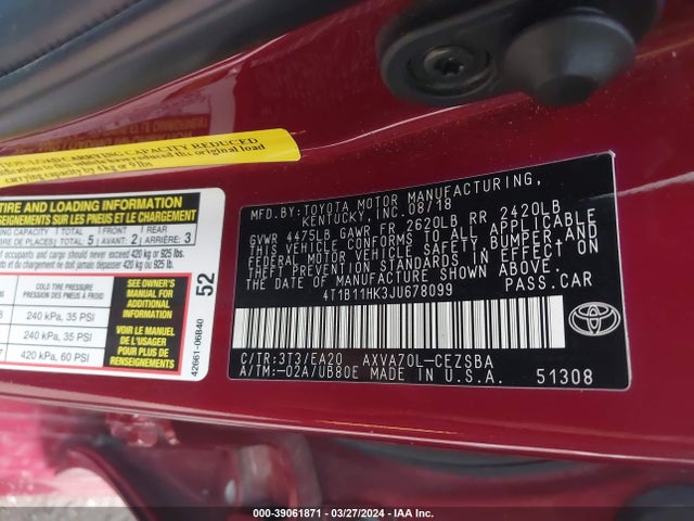 Toyota CAMRY SE 2018 4T1B11HK3JU678099 Image 9