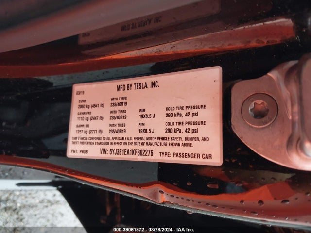 Tesla Model 3 Long Range/mid Range/standard Range/standard Range Plus 2019 5YJ3E1EA1KF302276 Image 9