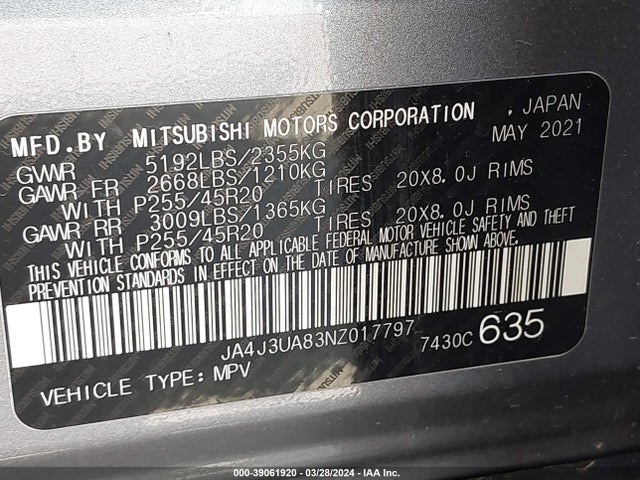 JA4J3UA83NZ017797 Mitsubishi Outlander Black Edition 2wd/se 2.5 2wd/se Launch Edition 2wd