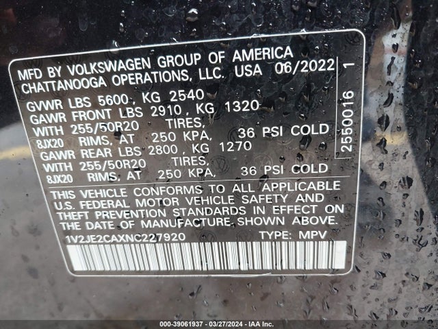 1V2JE2CAXNC227920 Volkswagen Atlas Cross Sport 3.6l V6 Se W/technology