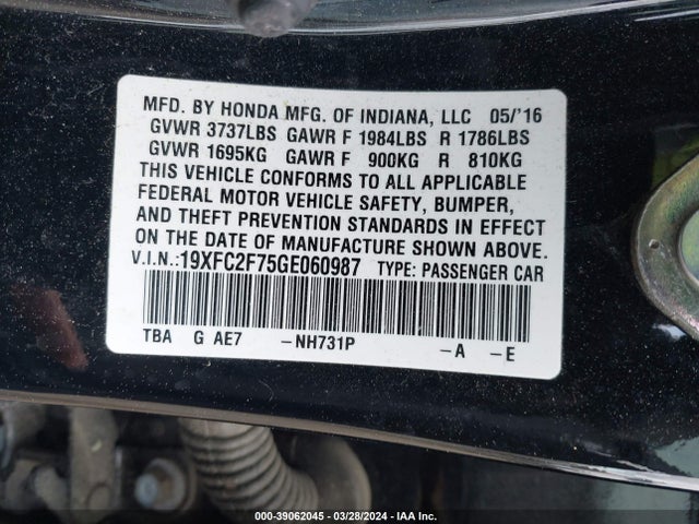 Honda CIVIC EX 2016 19XFC2F75GE060987 Image 9