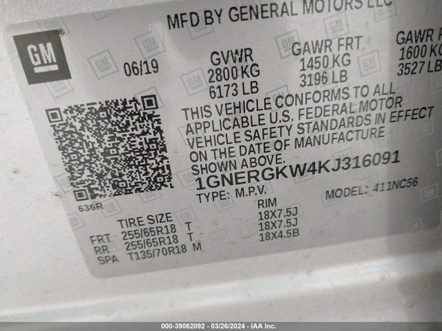 Chevrolet Traverse 1lt 2019 1GNERGKW4KJ316091 Image 9