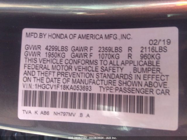 1HGCV1F18KA053693 Honda ACCORD LX