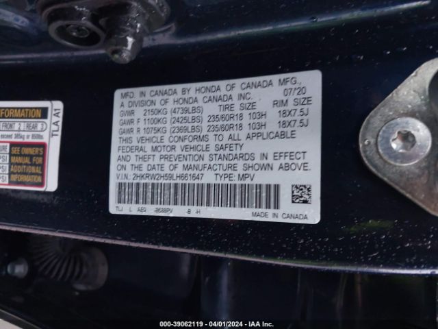 2HKRW2H59LH661647 Honda Cr-v Awd Ex