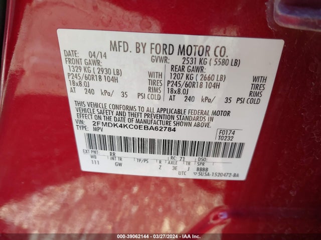 Ford Edge Limited 2014 2FMDK4KC0EBA62784 Image 9