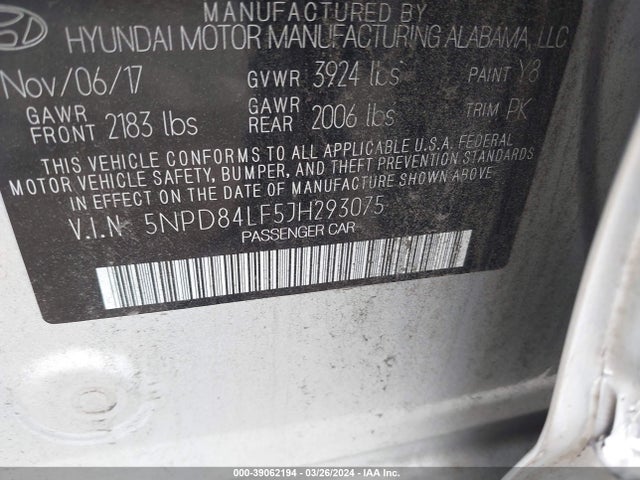 Hyundai ELANTRA SEL 2018 5NPD84LF5JH293075 Image 9