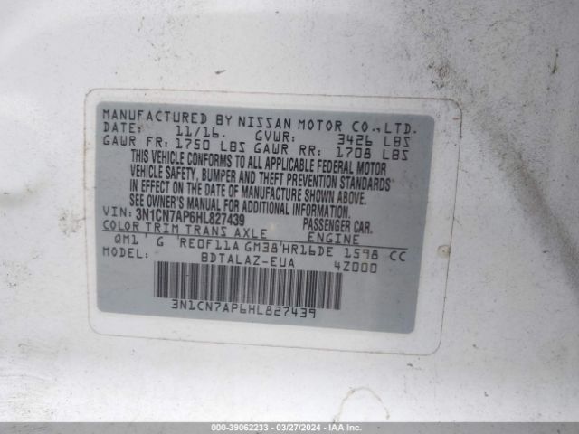 3N1CN7AP6HL827439 Nissan Versa 1.6 S+