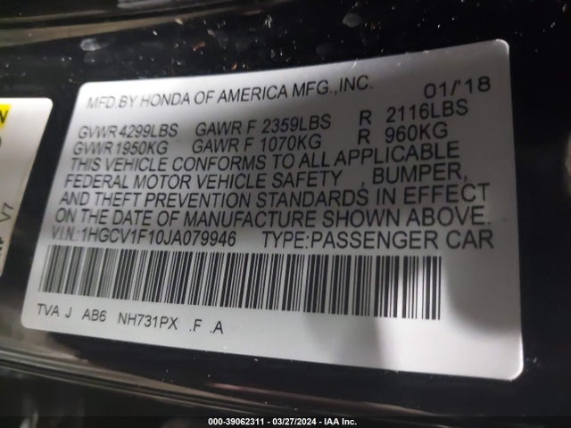 Honda ACCORD LX 2018 1HGCV1F10JA079946 Image 9