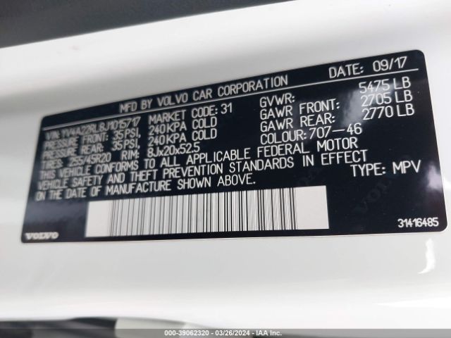 YV4A22RL8J1015717 Volvo Xc60 T6 Inscription