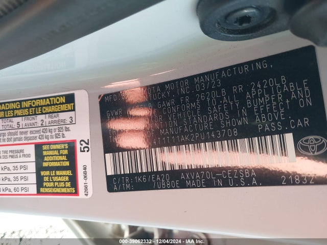 4T1T11AK2PU143708 Toyota CAMRY SE