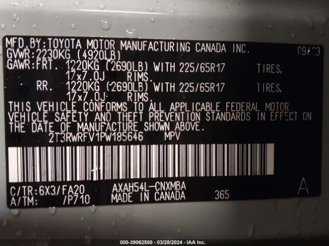 2T3RWRFV1PW185646 Toyota Rav4 Xle Hybrid