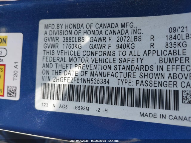 Honda Civic Sport 2022 2HGFE2F51NH535384 Image 9