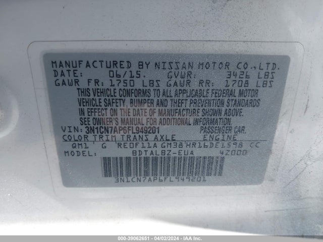 Nissan Versa 1.6 Sv 2015 3N1CN7AP6FL949201 Image 9