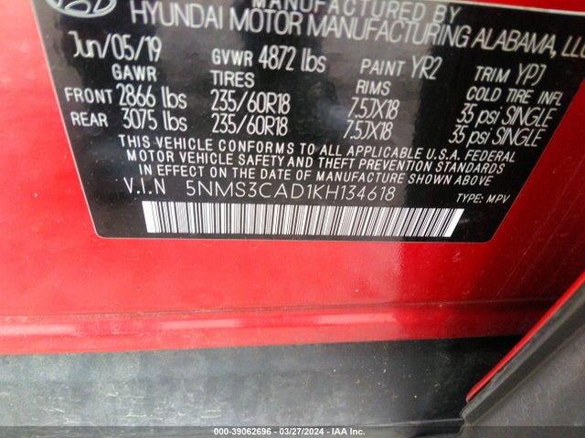 5NMS3CAD1KH134618 Hyundai Santa Fe Sel Plus
