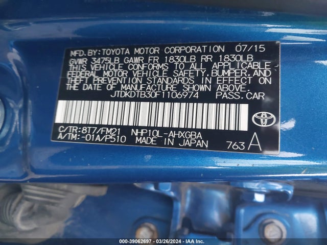 Toyota Prius C Three 2015 JTDKDTB30F1106974 Image 9