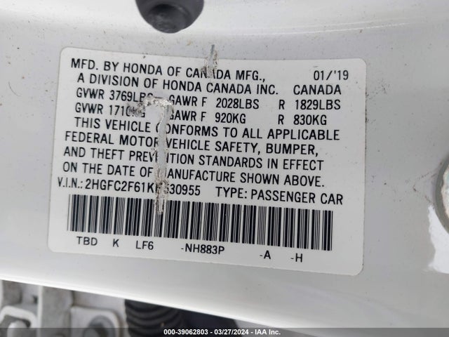 Honda Civic Lx 2019 2HGFC2F61KH530955 Image 9