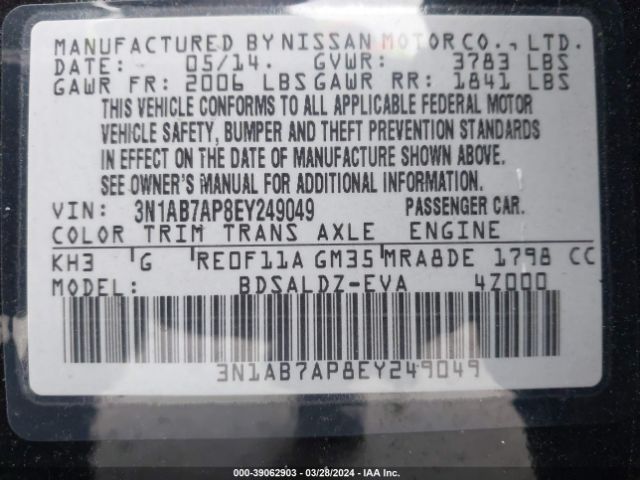 3N1AB7AP8EY249049 Nissan SENTRA SV