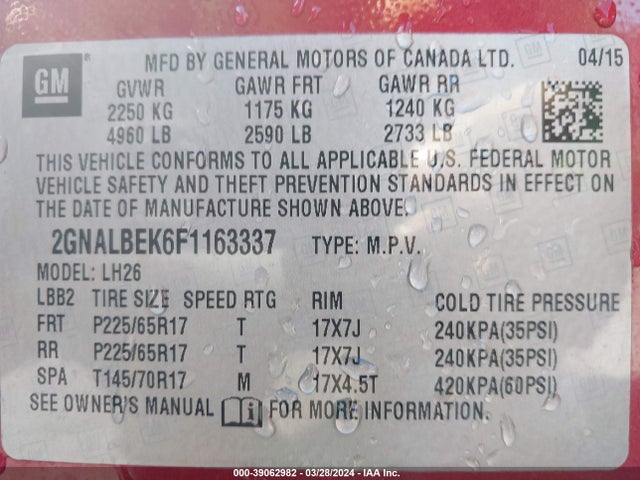 Chevrolet EQUINOX 1LT 2015 2GNALBEK6F1163337 Image 9