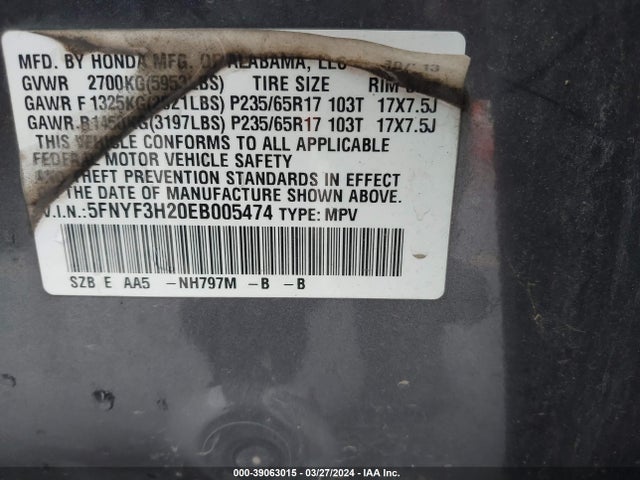 Honda PILOT LX 2014 5FNYF3H20EB005474 Image 9