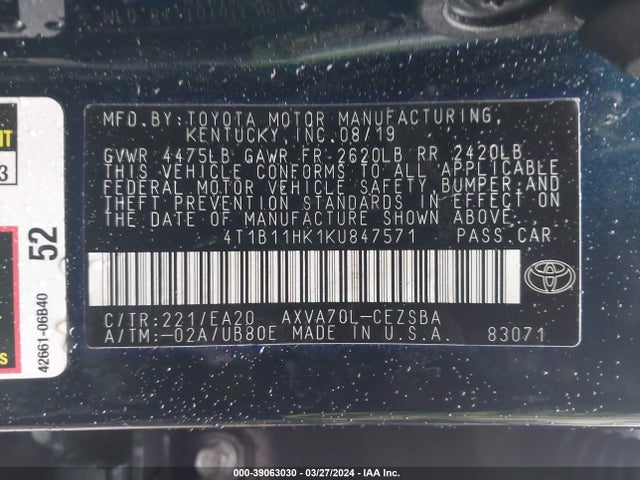 Toyota CAMRY SE 2019 4T1B11HK1KU847571 Image 9