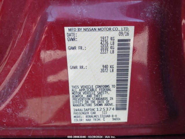 Продаж на аукціоні авто 2017 Nissan Altima 2.5 Sv, vin: 1N4AL3AP5HC125374, номер лоту: 39063046