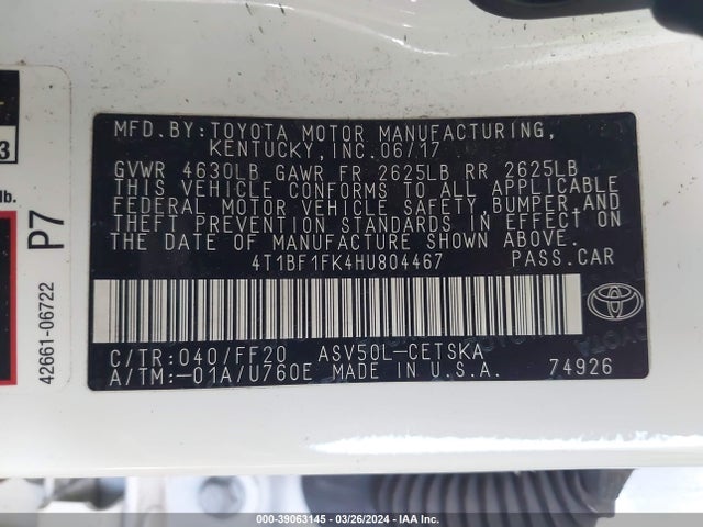 Toyota CAMRY SE 2017 4T1BF1FK4HU804467 Image 9
