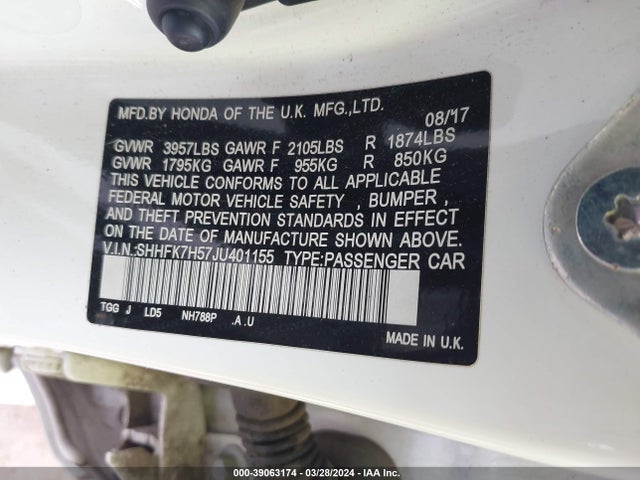 Honda CIVIC EX 2018 SHHFK7H57JU401155 Image 9