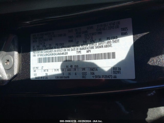Ford ESCAPE SE 2016 1FMCU9GX8GUA64620 Image 9