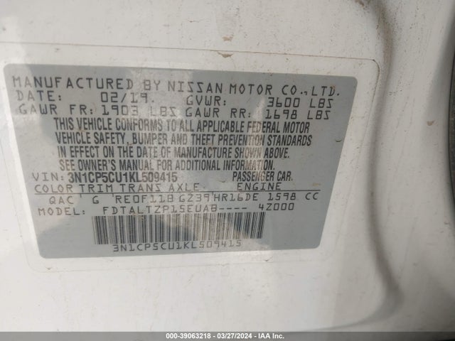 Nissan KICKS SR 2019 3N1CP5CU1KL509415 Image 9