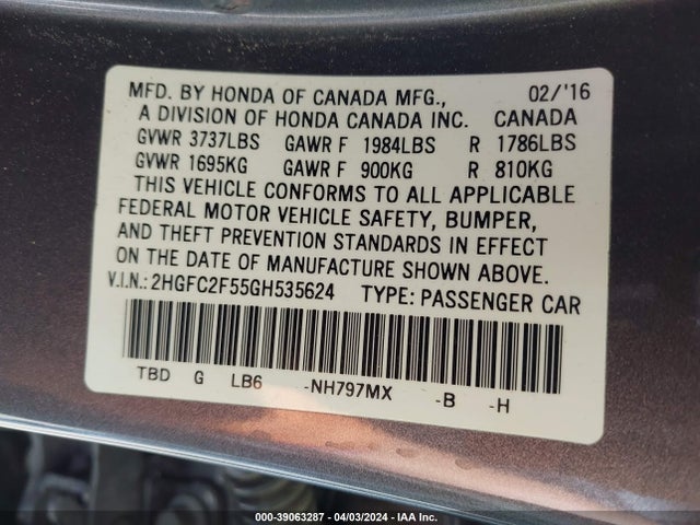 Honda Civic Lx 2016 2HGFC2F55GH535624 Image 9