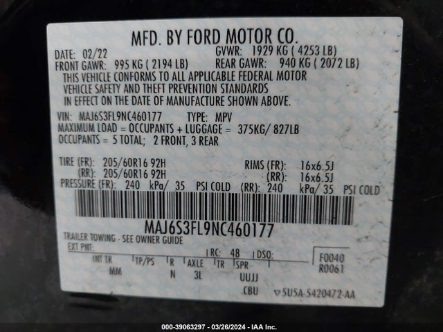 Ford ECOSPORT S 2022 MAJ6S3FL9NC460177 Image 9