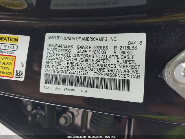 Honda Accord Touring 2018 1HGCV1F98JA163924 Image 9