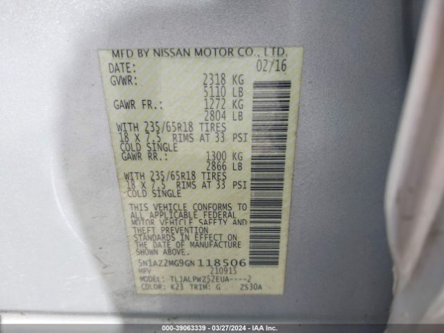 5N1AZ2MG9GN118506 Nissan MURANO S