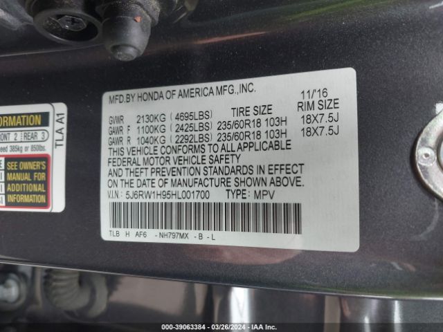 5J6RW1H95HL001700 Honda Cr-v Touring