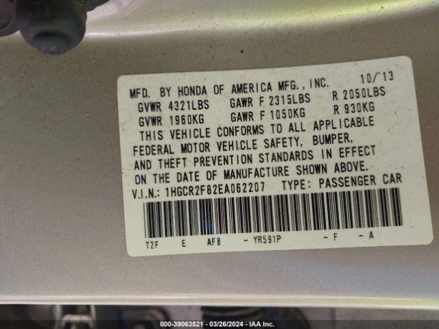 1HGCR2F82EA062207 Honda Accord Ex-l