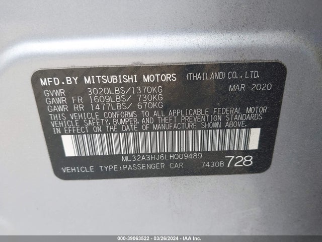 ML32A3HJ6LH009489 Mitsubishi MIRAGE ES