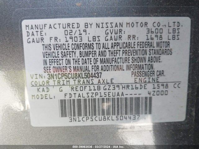 Nissan KICKS SV 2019 3N1CP5CU8KL504437 Image 9