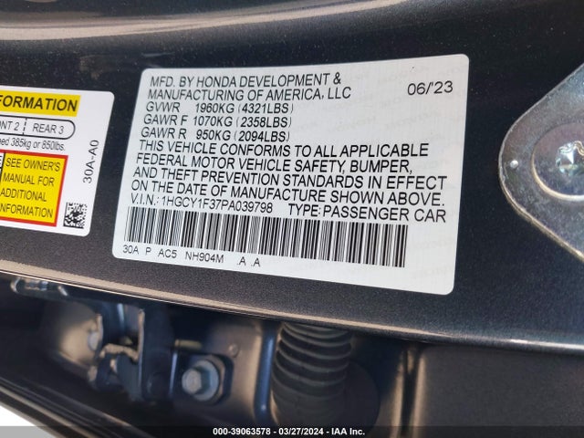 Honda ACCORD EX 2023 1HGCY1F37PA039798 Image 9