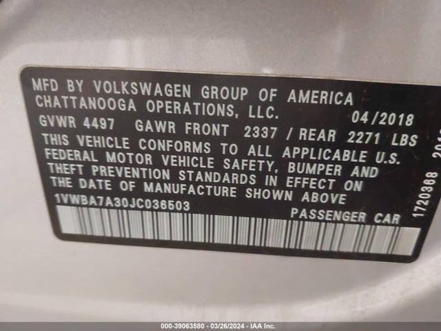 Volkswagen Passat 2.0t Se 2018 1VWBA7A30JC036503 Image 9