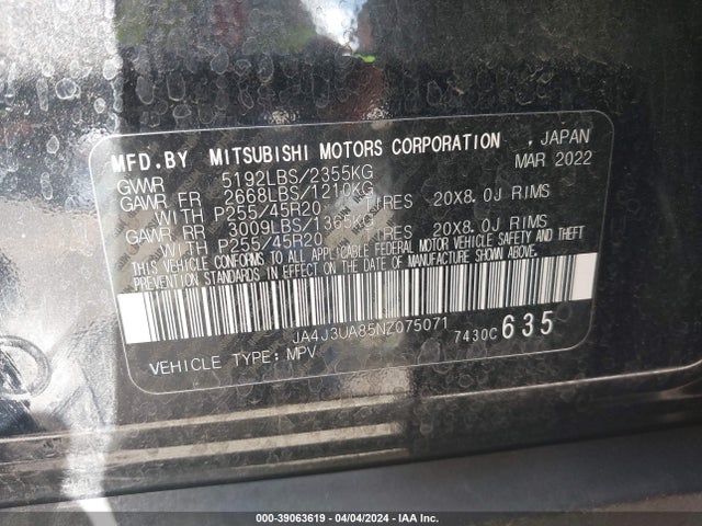 JA4J3UA85NZ075071 Mitsubishi Outlander Black Edition 2wd/se 2.5 2wd/se Launch Edition 2wd